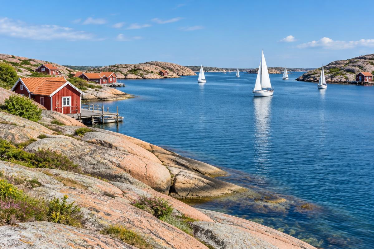 Röda fiskstugor och segelbåtar mellan granitklippor i Bohusläns skärgård