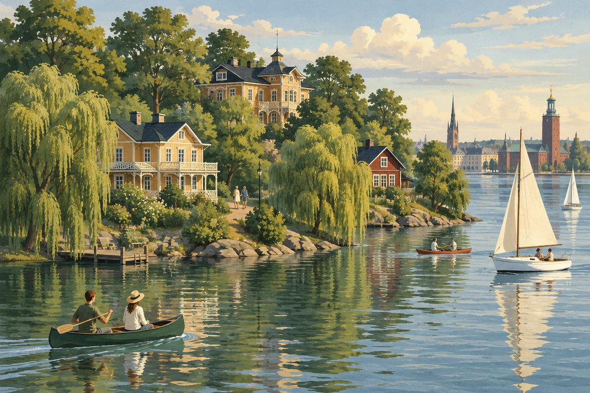Illustration av gröna parkstråk, trävilla ochsegelbåtar vid Djurgården i Stockholm, inte ett foto