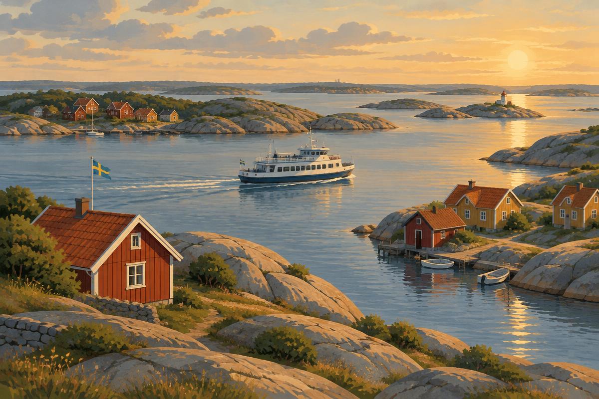 Illustration av skär, röda bodar och en liten färja i Göteborgs södra skärgård, inte ett foto