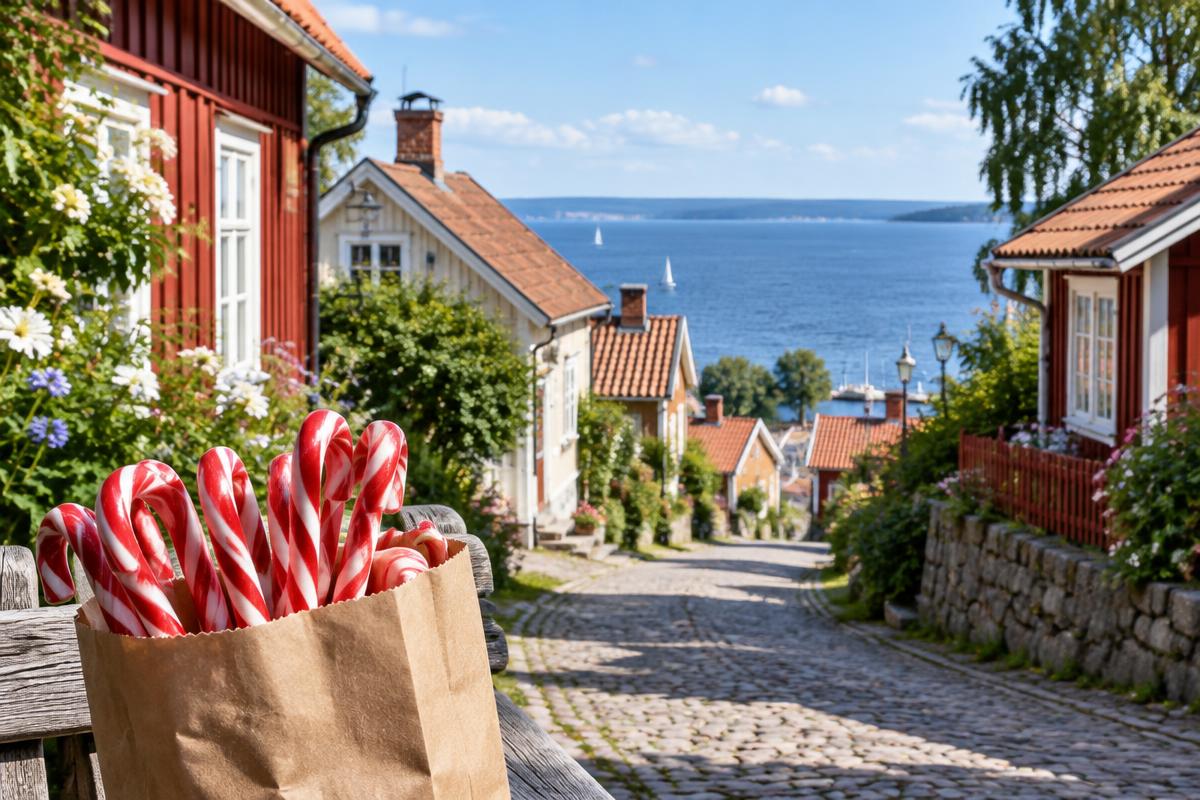 Illustration av polkagrisar, svensk småstad och sjö, inte ett foto från Gränna