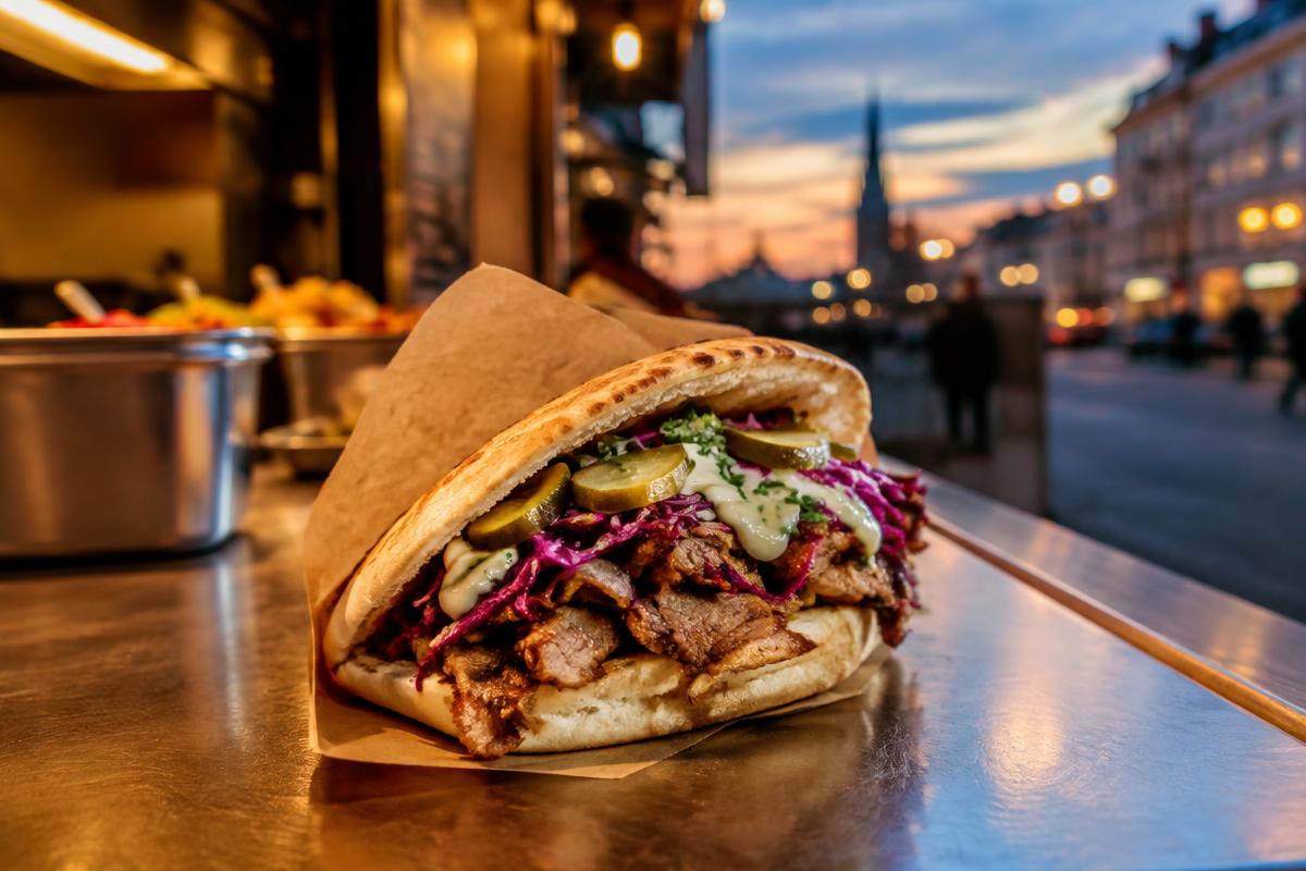 Illustration av berlinerkebab i pitabröd på en disk i Stockholm i skymningen