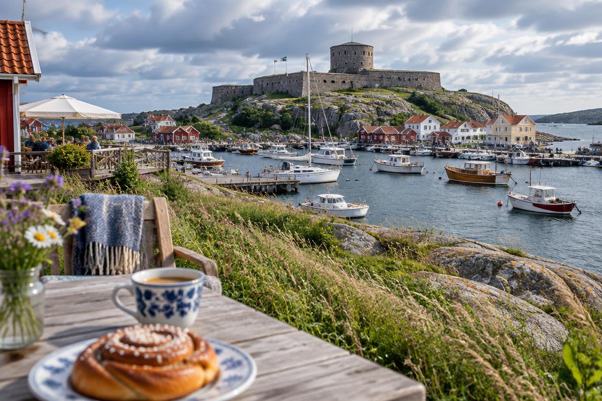 Illustration av Marstrands hamn med fästning på klippön och en kanelbulle på ett bord, inte ett foto