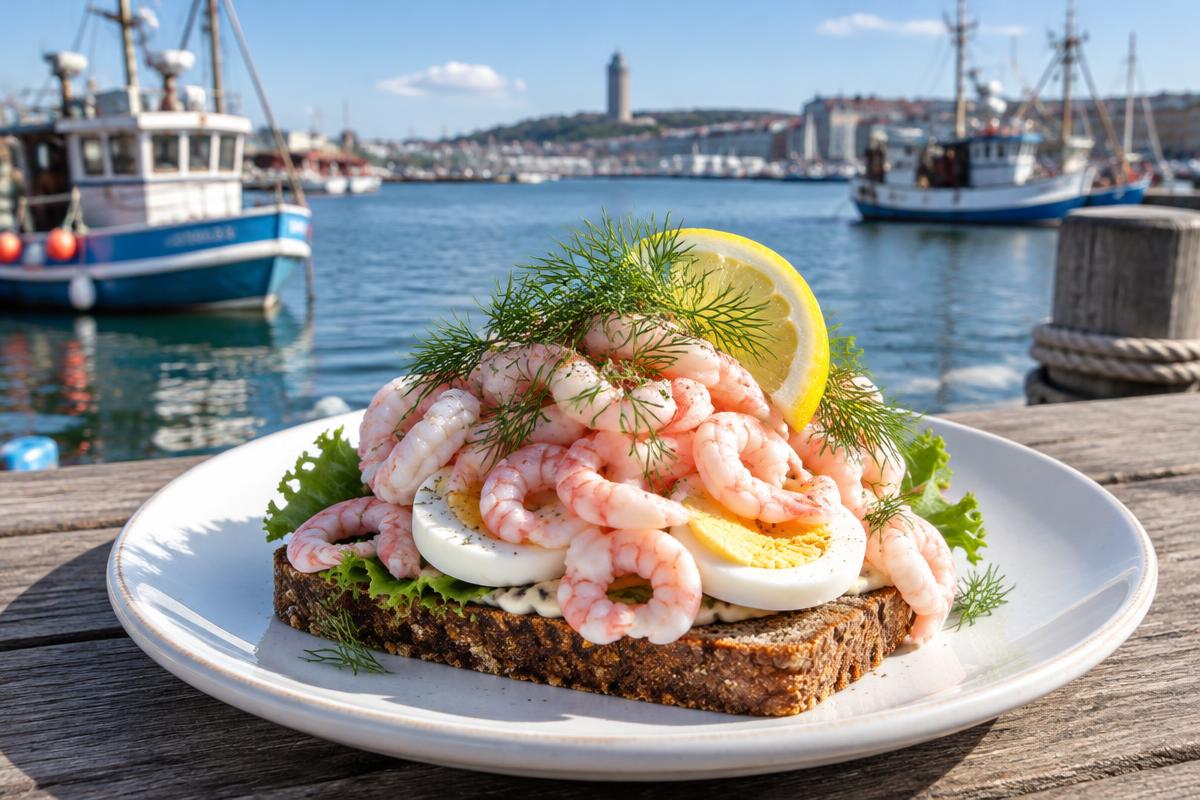 Illustrationsbild av en räkmacka med ägg, dill och citron vid en hamn