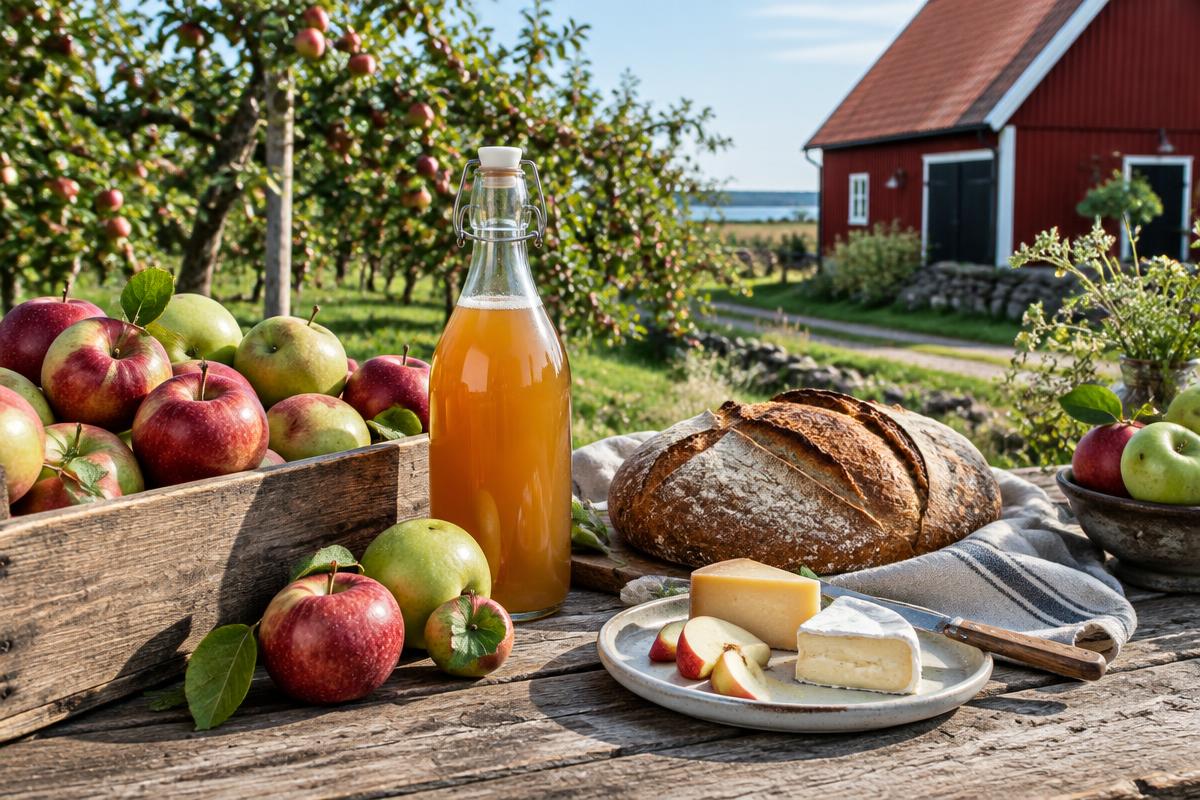 Illustrationsbild av äpplen, must, bröd och ost vid en svensk odling