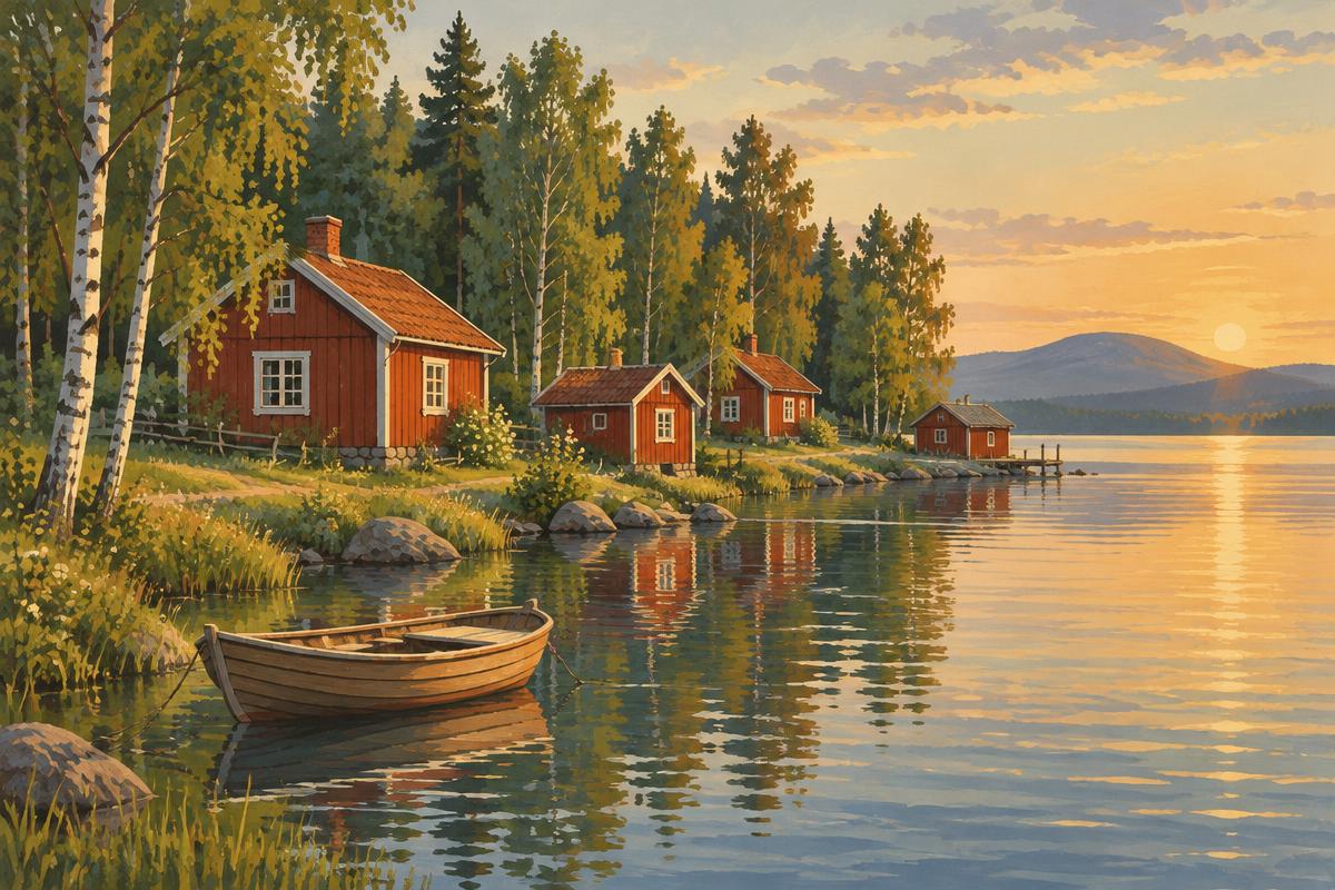Illustration av röda faluröda stugor, björkskog och en roddbåt vid Siljan, inte ett foto