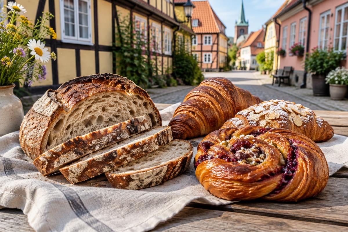 Illustration av surdegsbröd och bakverk i skånsk stadsmiljö, inte ett foto från Söderberg & Sara